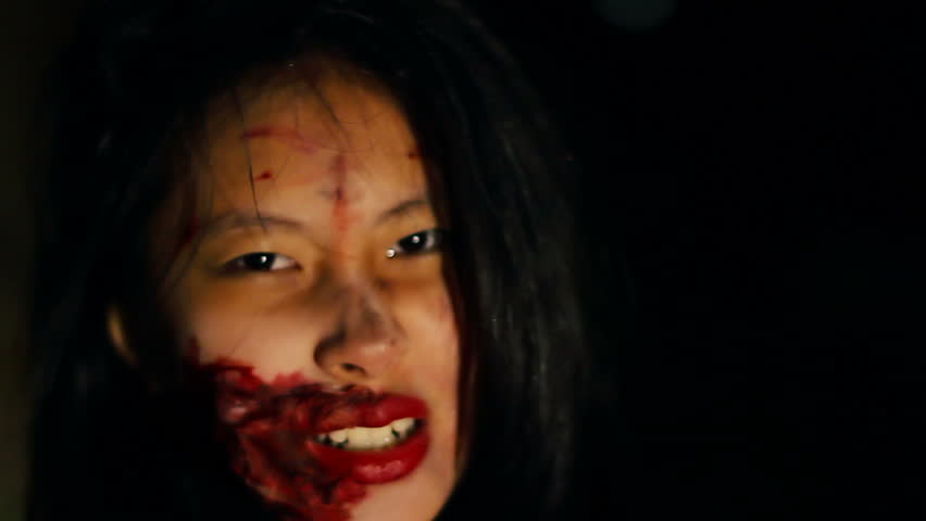 Scary Face Of Asian Woman Horror Movie Stock Footage Video