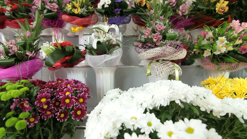 Large Variety Of Fresh Flower Arrangements In Florist Shop, Tracking