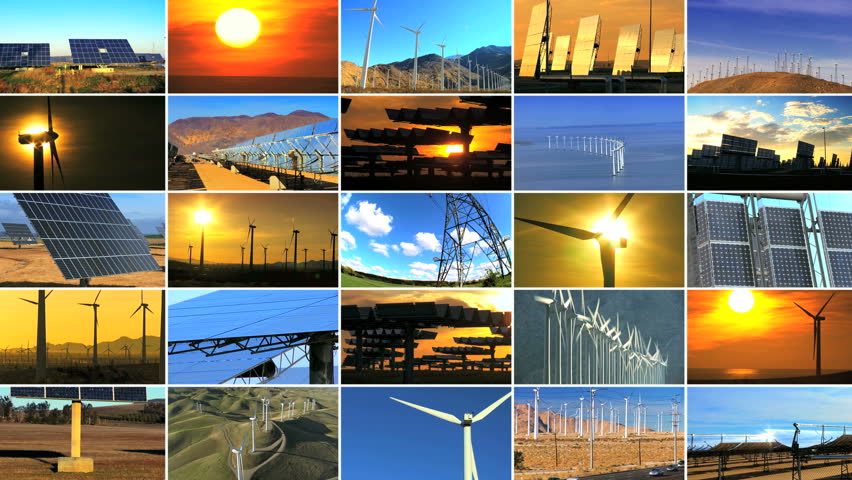 Montage Of Multiple Images Showing Wind & Solar Power Producing ...