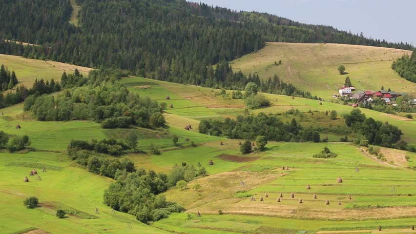 Beautiful Green Hills And Cottage With Red Roof In Village, Ukraine ...