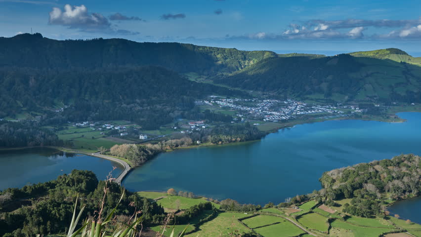 Panning Over The Sete Cidades Valley Over The Twin Lakes, Lagoa Verde ...