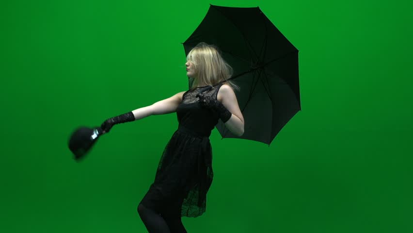 Women Dancing With Umbrella. Isolated Green Screen Background. Young ...