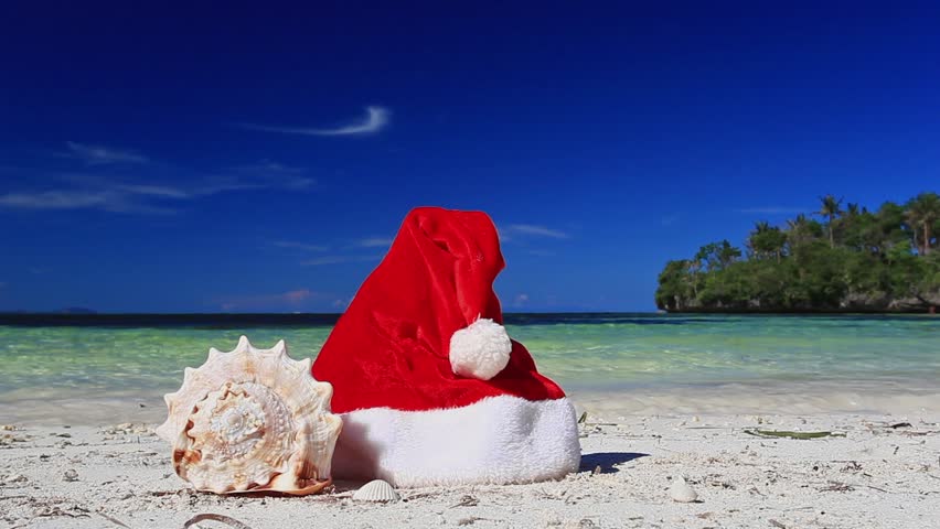 Santa Claus Hat And Seashell On Tropical Beach Stock Footage Video ...