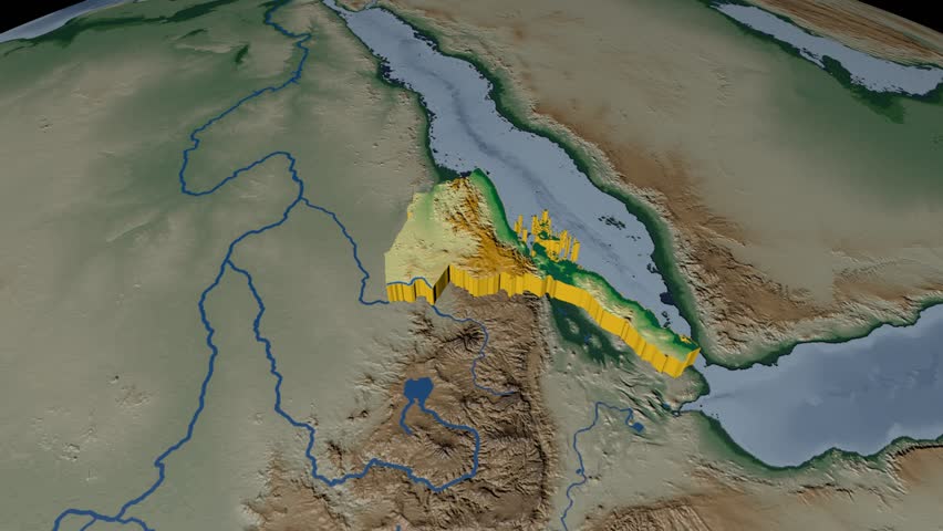 Eritrea Extruded On The World Map. Rivers And Lakes Shapes Added ...