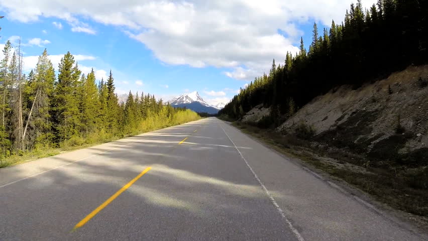 POV Driving Outdoor Landscape Blue Sky Clouds Icefields Parkway Snow ...