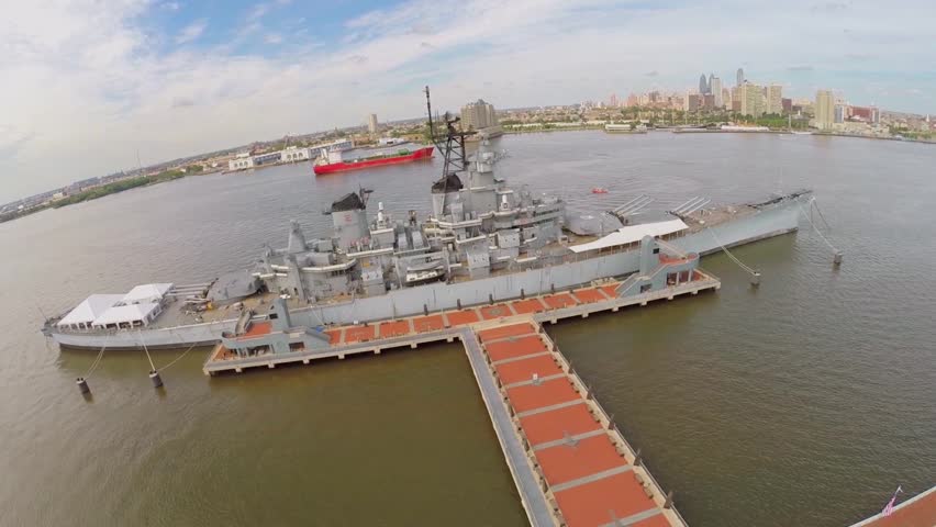 CAMDEN - SEP 03, 2014: Moorage at Delaware river with museum battleship ...